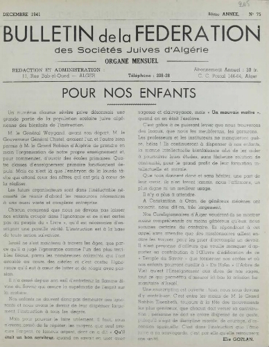 Bulletin de la Fédération des sociétés juives d’Algérie  V°08 N°75 (01/12/1941)